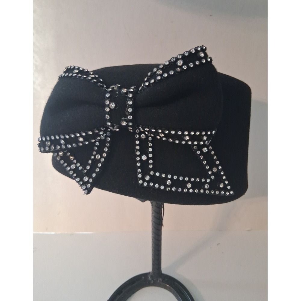 Something Special Women's Black Pillbox Hat Wool Felt Bow with Rhinestones read